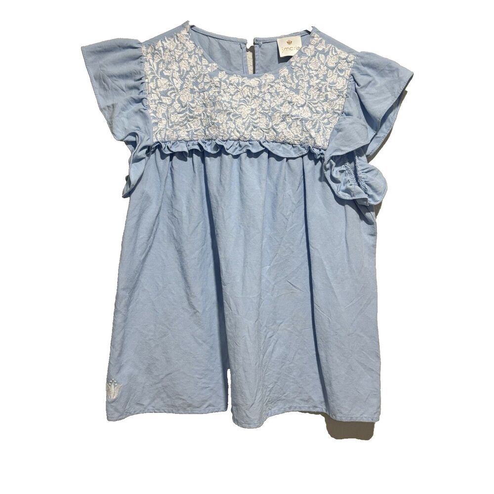 J. Marie Womens Blue & White Embroidered Ruffle‎ Flutter Sleeve Blouse XS